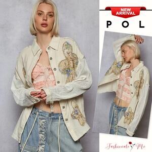 POL Crochet Long Sleeves Buttoned Exposed Seam Flower Print Patch Shirt | Cream